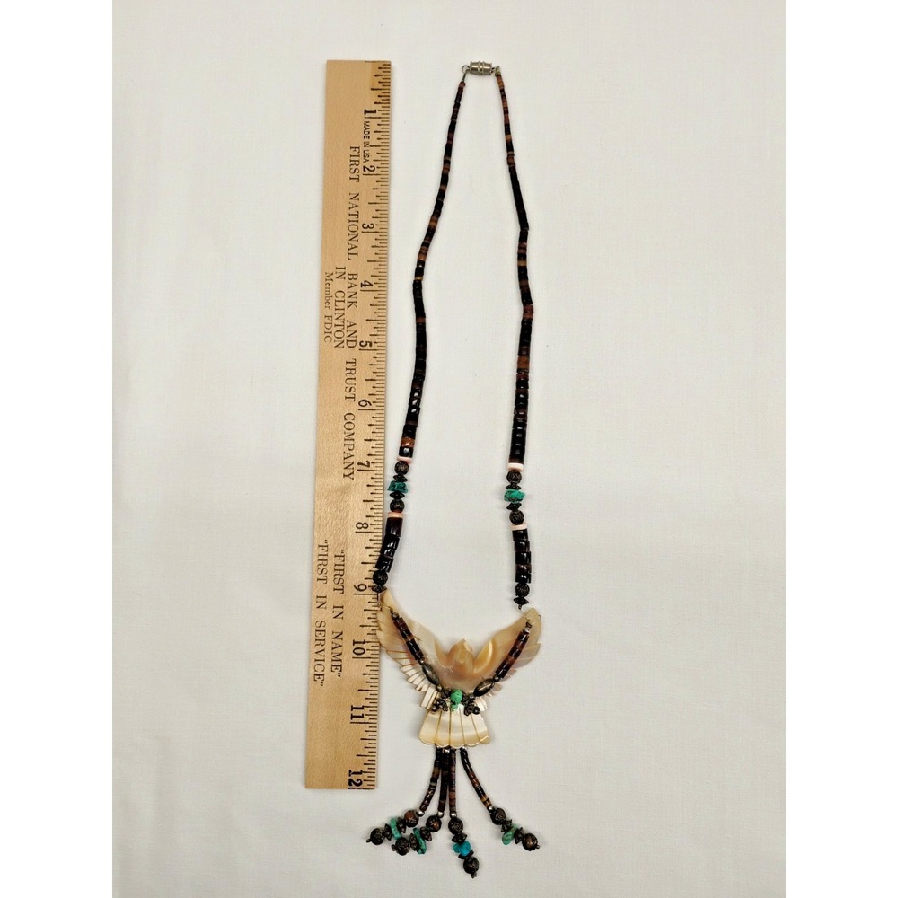 Native American Southwest Hand Carved Mother Of Pearl Eagle Turquoise Necklace - Picture 9 of 10